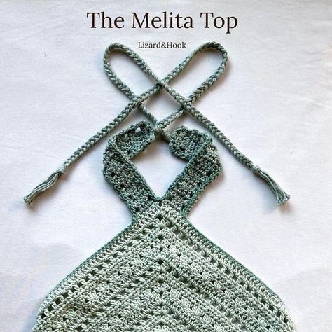 Lizzie on Instagram: "✨🌊The Melita top in Spearmint Seafoam🌊✨ . I feel like I haven’t posted The Melita Top for a while, so here she is!!! Named after my WONDERFUL sister bestie @melita_merc 🥰 this top is a super simple triangle shape with detailing in every row and a customisable waistband length, so it can hit you at the bust or the waist!  I actually posted this version of the top with this cuff style neckline a while back but never showed you how to crochet it so I have a mini pattern below so if you use The Melita Top pattern and would like this finish you can achieve it easily! Please save this post and use it for later if you have any interest in this simple cuff style neck. . Left Strap: Attach you yarn through the first st (1 away from you central chsp), ch3 (eq. of 1dc+ch1), s Mini Tutorial, Pull Through, Triangle Shape, How To Crochet, Neck Strap, Top Pattern, Sea Foam, Super Simple, Super Easy