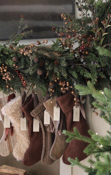 Countryside Christmas Aesthetic, Farmhouse Christmas Aesthetic, Christmas Stockings Aesthetic, Neutral Christmas Stocking, Brown Christmas Stocking, Christmas Garland Mantle Vintage Brass Bells, Modern Christmas Stocking, Cabin Christmas Decor, Christmas Garland Mantle