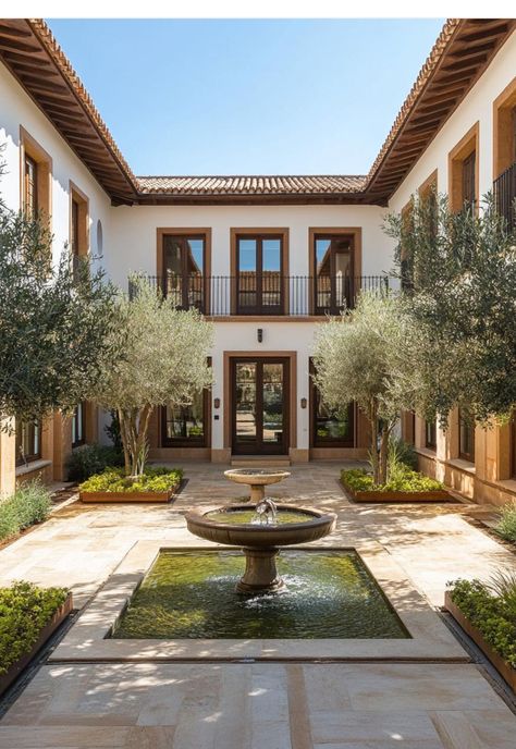 Houses With Courtyards In The Middle, Central Courtyard Design, Spanish Courtyard Ideas, Houses With Land, Spanish Courtyard House, Modern Casita, Courtyard Tree, Modern Spanish Farmhouse, Spanish Style Courtyard