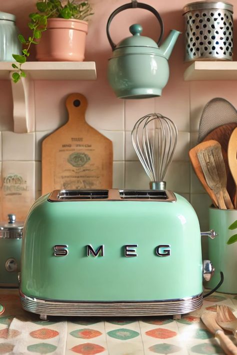 Retro-inspired appliances with bold colors are a highlight of the Kitschen trend, bringing nostalgic charm and personality to kitchens. Popular choices include pastel-colored SMEG toasters, fridges, and mixers, which add a playful touch with hues like mint green, pink, and yellow. This trend celebrates individuality, blending vintage aesthetics with modern functionality, perfect for creating a unique, cheerful kitchen space full of character and retro flair. Smeg Appliances In Kitchen, Green Smeg, Kitchen Smeg, Colored Appliances, Appliances In Kitchen, Cheerful Kitchen, Smeg Toaster, Vintage Toaster, Thrift Inspiration