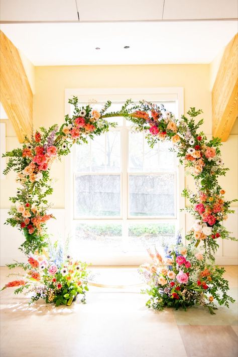 Pastel Flower Backdrop Wedding, Garden Party Wedding Altar, Wedding Arch Flowers Bright Colors, Flower Themes For Weddings, Flower Alter Wedding Floral Arch, Wedding Arch Colourful, Wedding Floral Archway, Bridal Arch Flowers, Wildflower Floral Arch