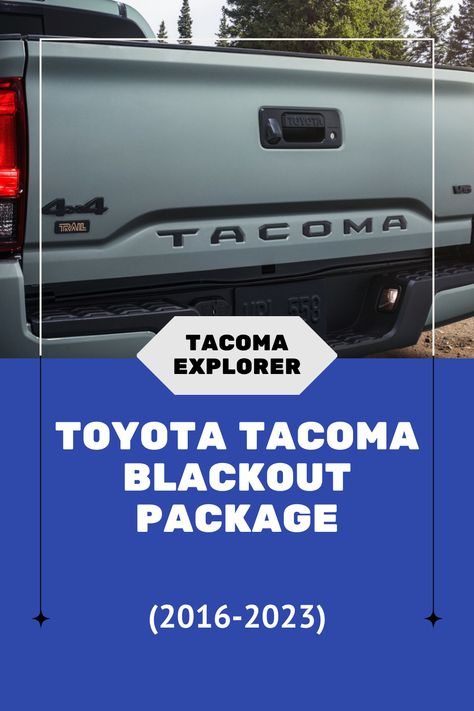 A blackout package can be equipped to your Tacoma directly from Toyota or via aftermarket accessories to improve the appearance of your truck.

- A blackout package adds black accents to the exterior of your Tacoma.
- Toyota's blackout package includes a tailgate insert, black emblems, and a black chrome exhaust tip.
- The blackout package typically costs $430 from Toyota.
- You can create your own blackout package with aftermarket accessories. 2020 Toyota Tacoma Accessories, Trd Pro Tacoma, 2020 Toyota Tacoma, Toyota Tacoma Accessories, Tacoma Accessories, Tacoma Mods, Tacoma Truck, Black Wheels, Black Chrome