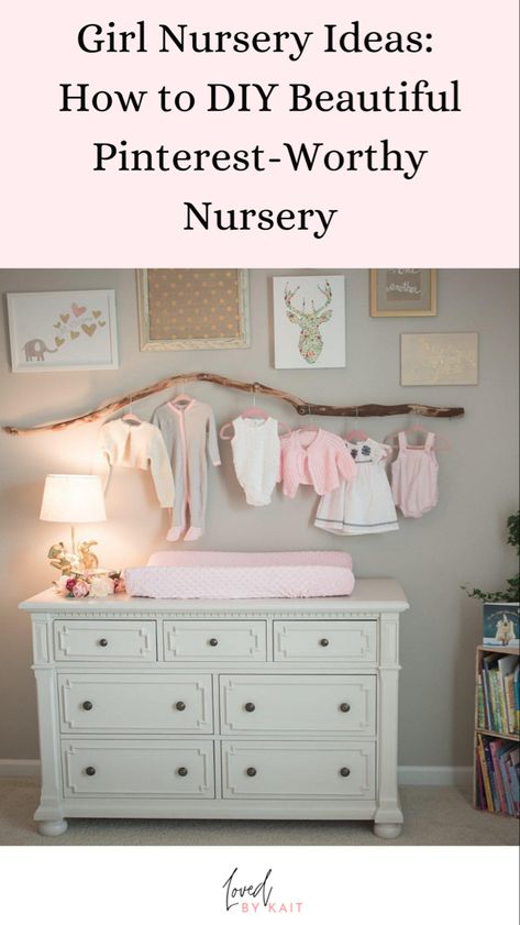 DIY girl nursery Nursery On A Budget Diy, Diy Baby Nursery Decor, Low Budget Nursery, Small Nursery Dresser Organization, Over The Crib Decor Girl, Baby Girl Nursery Room Ideas Lavendar, Nursery On A Budget, Girl Nursery Ideas, Whimsical Woodland