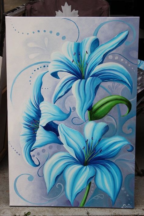 Blue Lily Painting, Painting Ideas Oil Paint, Lily Painting Acrylic, Miami Art Deco Interior, Blue Flower Drawing, Lilly Painting, Lily Flower Painting, Art Nouveau Interior Design, Nouveau Interior Design