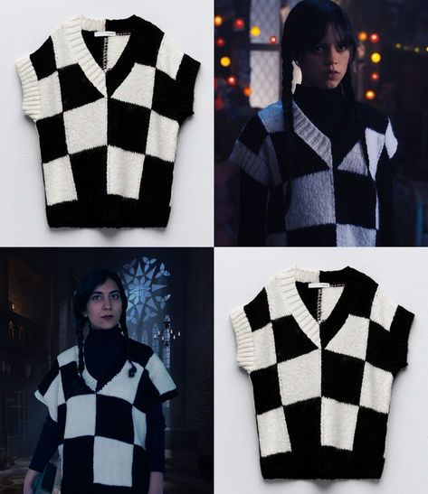 Wednesday Addams Checkered Vest, Wednesday Addams Vest, Wednesday Checkered Vest, Checkered Vest Outfits, Checker Vest Outfit, Wednesday Inspired Outfit, Wednesday Addams Style, Knitted Vest Outfit, Addams Family Characters