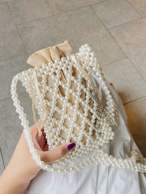 Beige Glamorous   Plastic Plain Bucket Bag Embellished   Women Bags Summer Clutch Bag, Fancy Clutch, Purse Wedding, Hand Beaded Bag, Simple Hand Embroidery Patterns, Embellished Bags, Diy Bags Patterns, Crystal Bags, Bead Charms Diy