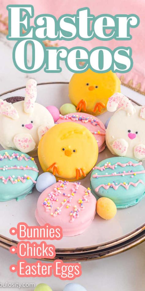 Oreos decorated for Easter in bunny, egg, and chick shape, all laying on white plate. Easter Oreos, Easter Candy Recipes, Easter Sweet Treats, Easter Deserts, Oreo Treats, Easter Party Food, Easy Easter Treats, Easter Snacks, Easter Sweets