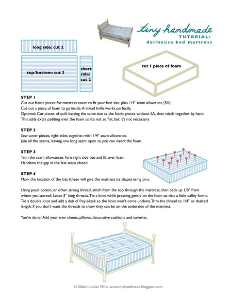 dollhouse mattress tutorial by tiny handmade - blog full of dollhouse ideas Miniature Bedroom, Dollhouse Tutorials, Dollhouse Bed, Handmade Dollhouse, Dollhouse Miniature Tutorials, Doll House Ideas, Miniatures Diy, Diy Miniatures, Doll House Miniatures