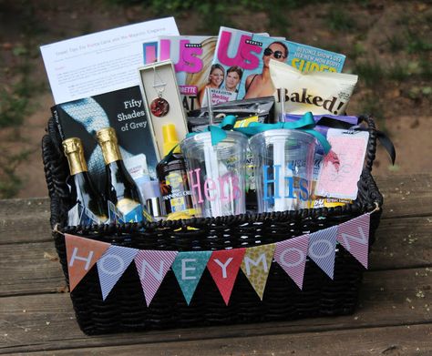 Recently, I have seen a trend in the weddings I’ve been in where the bride is surprised with a gift basket of goodies for her honeym... Honeymoon Gift Baskets, Honeymoon Basket, Honeymoon Shower, Wedding Gift Baskets, Honeymoon Gift, Diy Gift Baskets, Honeymoon Gifts, Basket Ideas, Bridal Shower Gifts