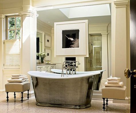 Mirror behind freestanding tub Architectural Digest Bathroom, Classic Powder Room, Stephen Sills, Modern Classic Bathroom, Plastic Curtain, Classic Bathroom Design, Classic Bathroom, Atlanta Homes, Main Event