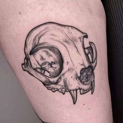 50+ Cat Skull Tattoos That Are Actually Good Cat Skull Tattoo, Tattoo Gato, Thigh Tattoo Ideas, Tattoo Ideas Inspiration, Rat Tattoo, Crystal Tattoo, Skeleton Tattoos, 4 Tattoo, Spooky Tattoos