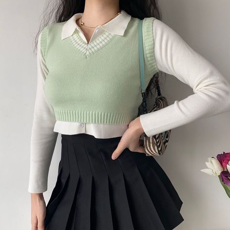 a424ed4bd3a7d6aea720b86d4a360f75desc46141955ri Pastel Green Outfit, Pastel Knits, Polo Knit, Skirt Details, Colorful Outfits, Clothing Aesthetic, Style Kawaii, Minty Green, Kawaii Fashion Outfits