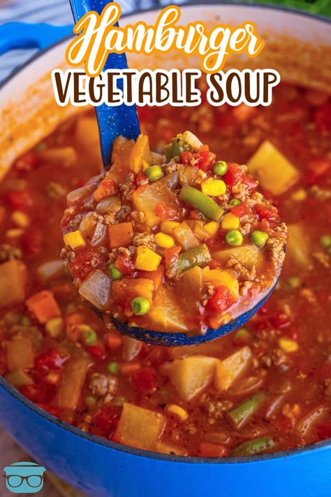 Hamburger Vegetable Soup is a hearty, comforting soup made with pantry staples, frozen veggies and ground beef- ready in less than an hour! Dump And Go Vegetable Soup, Vegetable Beef Soup With Macaroni, Vegetable Macaroni Soup, Old Fashioned Vegetable Soup With Ground Beef, Easy Beef Vegetable Soup Crockpot, Hamburger Vegetable Soup With Cabbage, Hamburger Vegetable Soup With V8, Southern Vegetable Beef Soup, Best Homemade Vegetable Beef Soup