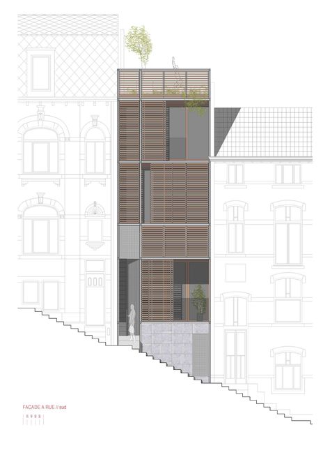 Image 25 of 28 from gallery of Jonquilles House / Michel Prégardien Architecture. Facade South Collage Architecture, Architectural Presentation, Architecture Elevation, Architecture Concept Diagram, Architecture Graphics, Architectural Section, Architectural Drawing, Diagram Architecture, Minimalist Architecture