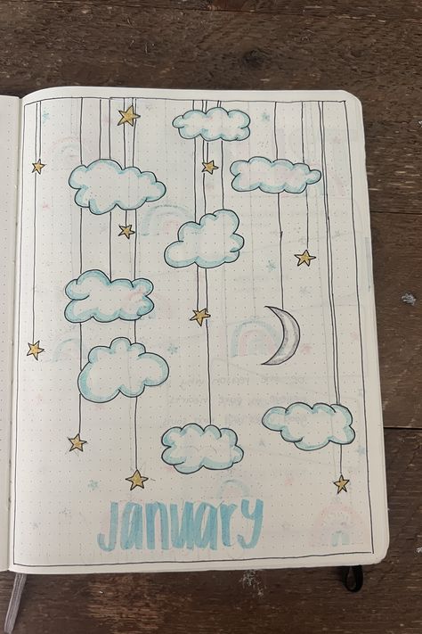 Cloud Journal Ideas, January Journal Cover, January Reading Journal, Cloud Bullet Journal, January Bujo Cover, January Journal Ideas, Bullet Journal January Cover, January Bullet Journal Ideas, January Bullet Journal Cover