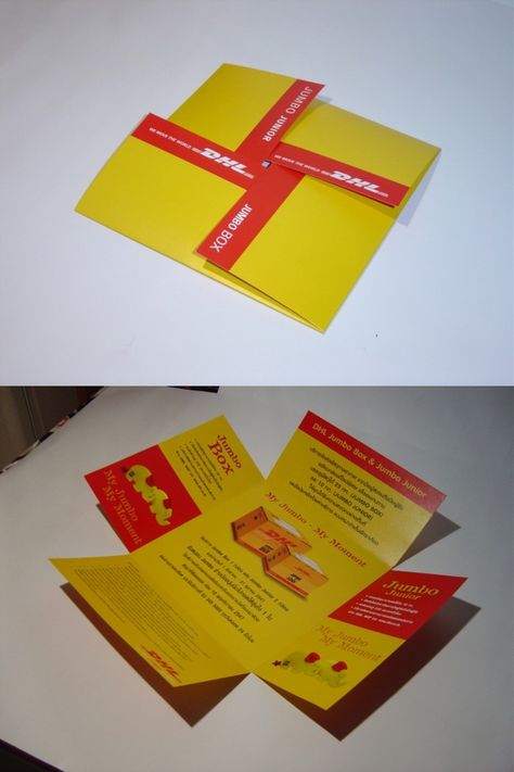 This fun DHL brochure represents the brand through the color palette, the logo, and the placement of products that sell the services they offer. Clearly not among your usual bi-fold brochures, this one is creatively folded, immediately taking the person looking at it to the image of DHL boxes or envelopes. Leaflet Folding Ideas, Folded Brochure Design, Folded Brochure Design Inspiration, 3 Fold Brochure Design Creative, Half Fold Brochure Design, Diy Brochures, Interesting Brochure Folds, Unique Brochure Design, Presentation Folder Design