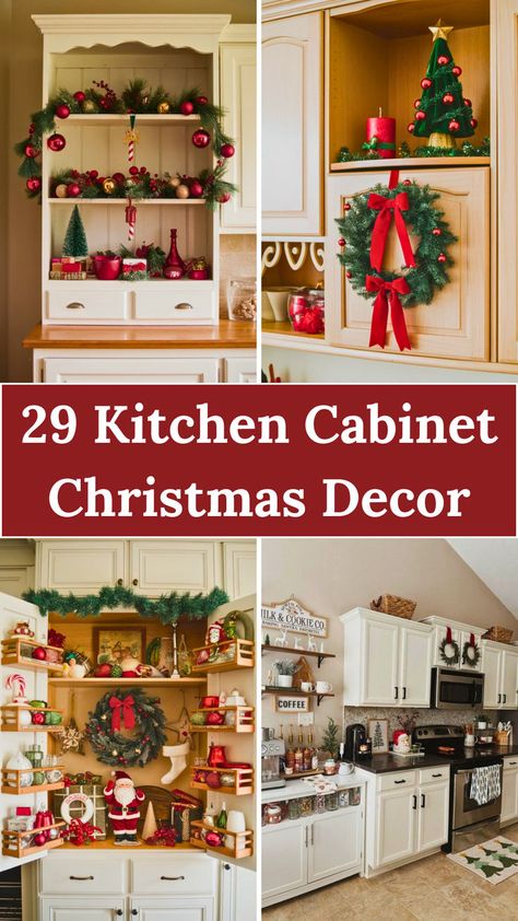 A beautifully decorated kitchen with Christmas-themed cabinet decor, including mini wreaths on cabinet doors, holiday garlands draped above, and festive touches like red ribbons and pinecones for a cozy Christmas feel. Christmas Kitchen Decorations Cabinets Open Shelves, Christmas Cabinet Ideas, Christmas Stockings On Kitchen Cabinets, Top Of Cupboard Christmas Decor, Christmas Decorations For Kitchen Cabinets, Over The Cabinet Christmas Decor, Christmas Decor For Cabinets, Kitchen Cabinet Christmas Decorations, Christmas Decor For Kitchen Cabinets