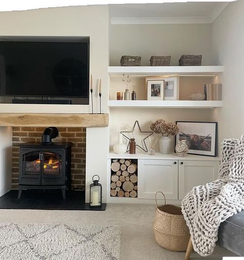 Standalone Fireplace Living Rooms, To Above Fireplace, Lounge Ideas With Fireplace, Next Malvern Cream, Cosy Lounge With Fireplace, Storage Near Fireplace, Snug Lounge Ideas, Lounge Decor Inspiration, Living Room Alcoves