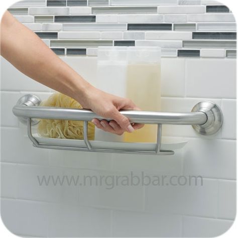 Designer Grab Bar with Integrated Shelf - Moen LR2356DBN #aginginplace Accent Bathroom, Ada Bathroom, Senior Design, Accessible Bathroom, Bar Shelf, Barrier Free, Bad Inspiration, Grab Bar, Blue Accent