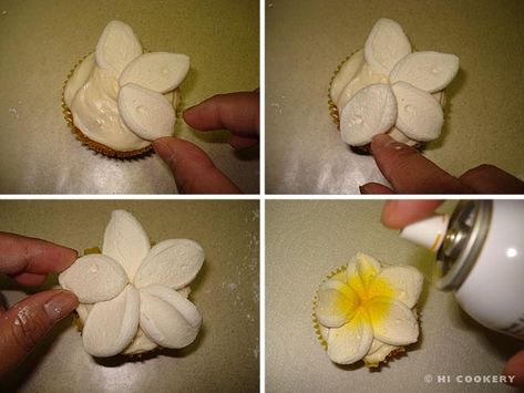 Pineapple-Plumeria Cupcakes Plumeria Cupcakes, Hawaii Cupcakes, Hawaiian Cupcakes, Luau Cupcakes, National Cupcake Day, Tropical Cupcakes, Cupcakes Flores, Cupcake Day, Frosting Techniques