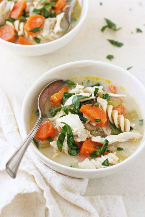 This soothing and flavorful miso chicken noodle soup is perfect for fighting a cold or just to beat the winter blues! Packed with wholesome ingredients like carrots, celery and ginger, it’s a delicious twist on the classic dish. Dairy free with gluten free option. Sick Foods, Chicken Broth Recipes Soup, Dairy Free Tacos, Miso Soup Recipe, Miso Chicken, Reset Diet, Chicken Rice Soup, Carrots Celery, Chicken Tortilla Soup