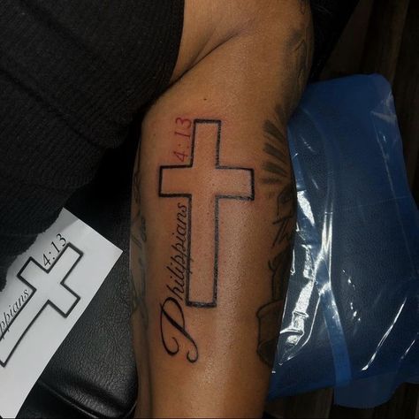 Phillipians 4 13 Tattoo, Philippians 4 13 Tattoo, 13 Tattoo Ideas, Inside Bicep Tattoo, Calf Tattoo Men, Scripture Tattoos, Bicep Tattoo Men, Black Men Tattoos, 13 Tattoo