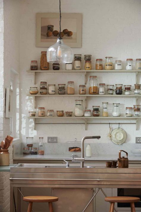 20 Ideas for Making Open Pantry Shelving Look Good Kitchen Cupboard Colours, Open Pantry, Old Schoolhouse, Painted Brick Walls, Devol Kitchens, Inglenook Fireplace, Unusual Home, Pantry Shelving, Kitchen Installation