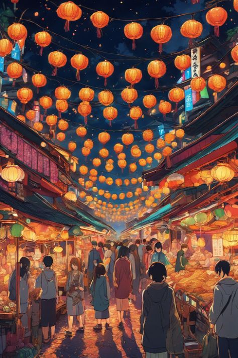 Vibrant Night Market Check more: https://paintlyx.com/vibrant-night-market-2/ Japanese Night Market, Night Market Illustration, Night Market Aesthetic, Thailand Night Market, Crow Story, Taiwan Night Market, Japanese Drawing, Asian Festival, Paint Gouache