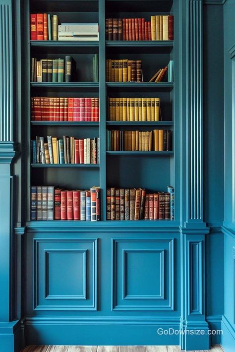 This calming blue interior displays a majestic built-in bookshelf that blends into the color scheme seamlessly. Blue Bookshelves, Board Game Cafe, Game Cafe, Built In Shelves Living Room, Cool Bookshelves, Bookshelf Organization, Bookshelf Design, Interior Display, Blue Books