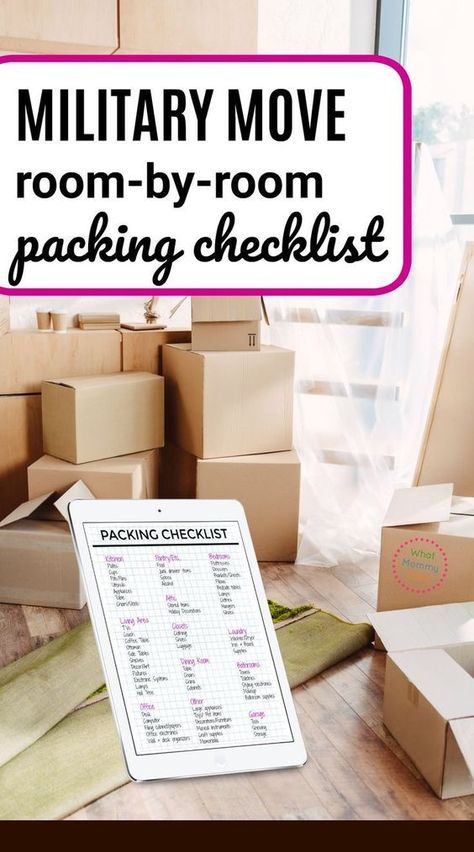 Room by room packing checklist Military Move Checklist, Move Checklist, Pcs Checklist, Moving Printables, Moving List, Moving Hacks Packing, Military Wife Life, Army Wife Life, Room Checklist