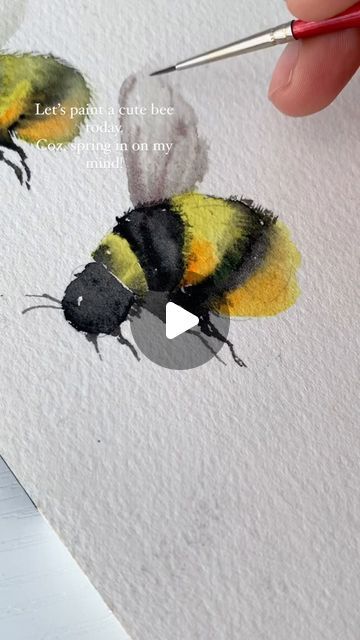 Watercolor Bees And Flowers, Watercolor Bumble Bee Tutorial, Bumble Bee Watercolor Paintings, Watercolor Bee Tutorial, Paint A Bee, Watercolor Animals Easy, Watercolor Cards Ideas Simple, 4 Seasons Art, Watercolor Bumble Bee