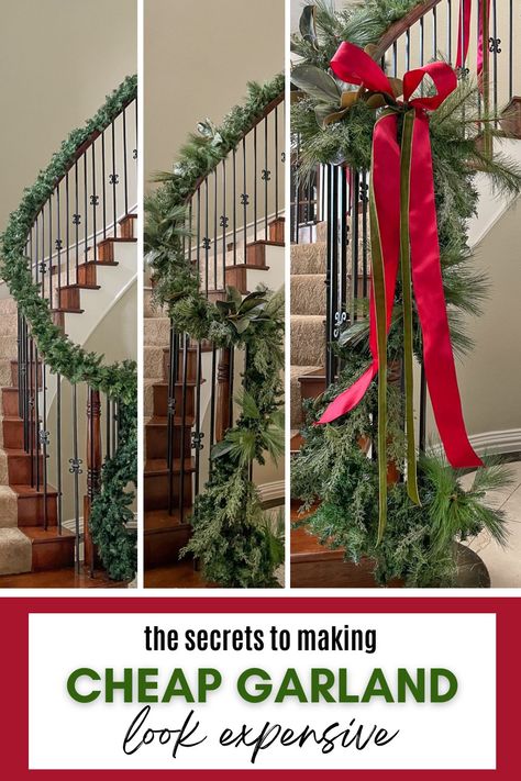 How to Make Cheap Garlands Look Lush and Expensive Diy Christmas Decorations For Stairs, Diy Cheap Garland, Swag Garland Christmas, Natal, Diy Christmas Banister Decorations, Bannister Christmas Decor Garlands, Stair Railing Ideas For Christmas, Garland Wrapped Staircase, Fake Garland Decor