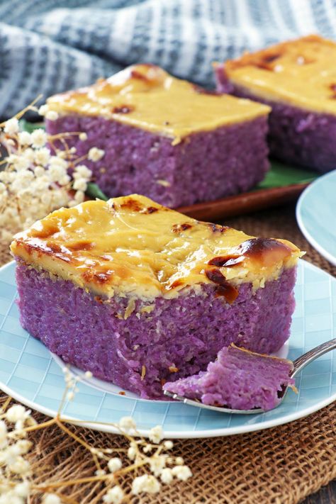 Ube Biko, Biko Recipe, Foxy Folksy, Sticky Rice Cake, Sweet Sticky Rice, Ube Recipes, Cassava Cake, Filipino Food Dessert, Purple Yam