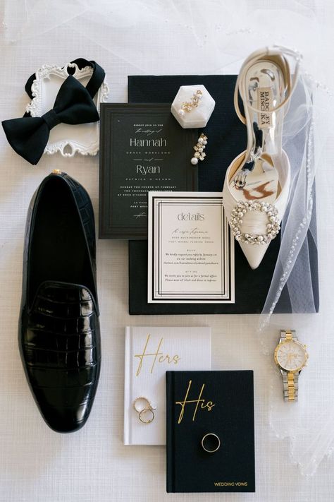 The stage was set for an elegant, black and white affair with a stunning contemporary invitation suite with mixed fonts. Vow booklets featured a delicate gold font detail. #weddinginvites #vowbooks #weddingshoes #weddingaccessories #weddingjewelry Detail Wedding Pictures, Bride Detail Shots, Photoshoot Accessories, Groom Prep, Groom Details, Wedding Planning Book, Wedding Details Photography, Wedding Picture Poses, Wedding Photography Styles