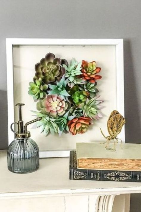 Instantly upgrade your living room home decor with this cheap and quick art you can make in 30 minutes. Dollar Store decorating is great if you're on a budget so check out this succulent art for your entryway or mantle decor. Walmart Boho Decor, Succulent Bathroom Decor Ideas, Plant Wall Art Decor, Diy Wall Decor Dollar Tree, Dollar Tree Wall Decor Diy, Dollar Store Wall Decor, Diy Bathroom Wall Art, Dollar Tree Wall Art, Dollar Tree Home Decor Ideas