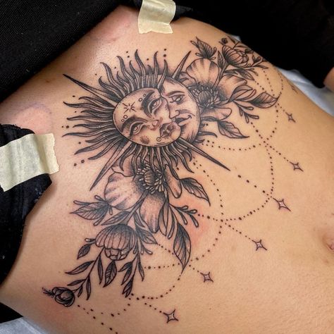 Sun and Moon sternum tattoo I designed for a client a little while ago. (Swipe right for more)✨ | Instagram Stomach Sternum Tattoos Women, Women’s Tummy Tattoos, Sun And Moon Chest Tattoo Female, Celestial Underboob Tattoo, Moon Stomach Tattoo, Sternum Tattoo Women Mandalas, Sternum Tattoo Cover Up, Underboob Tattoos For Women Unique, Moon Sternum Tattoo Women