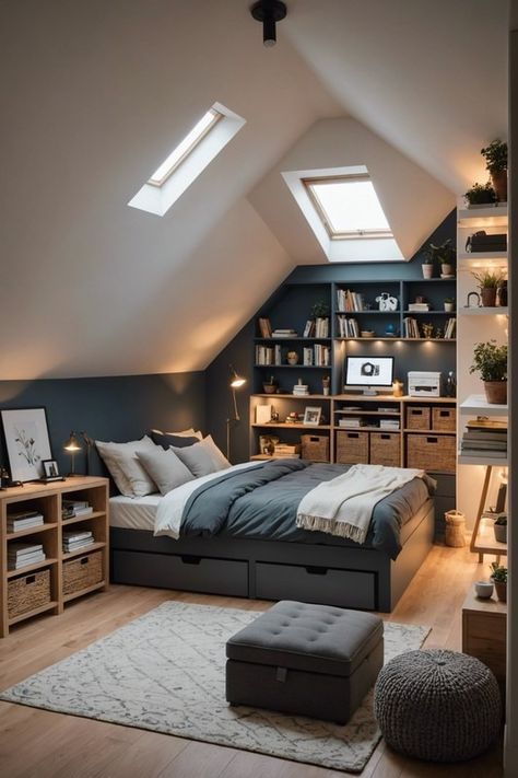 20 Creative Solutions For Small Attic Bedrooms With Low Ceilings – ToolzView Slope Roof Bedroom Interior, Bedroom In Loft Space, Bedrooms With Eaves, Tiny Attic Ideas Low Ceilings, Loft Master Bedrooms Decor, Teen Attic Bedroom, Low Ceiling Loft Bedroom, Vintage Attic Bedroom, Boys Attic Bedroom Ideas