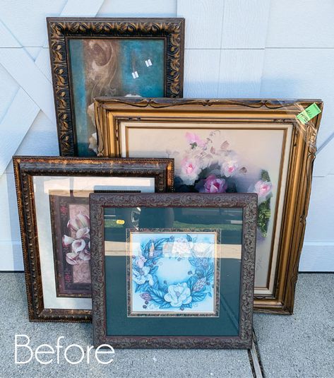 Upcycling, Empty Picture Frame Ideas Diy, Empty Picture Frame Ideas, Frames Repurposed, Picture Frame Ideas, Drawers Repurposed, Thrift Store Art, Empty Picture Frames, Thrift Store Decor