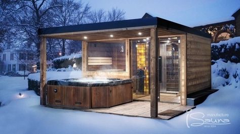 Outdoor sauna building design, outdoor sauna production. Combined sauna house with canopy, jacuzzi, shower. Sauna Building, Porch Projects, Hot Tub Pergola, Shower Outdoor, Casa Hobbit, Outdoor Hot Tub, Hot Tub Gazebo, Sauna Diy, Sauna House