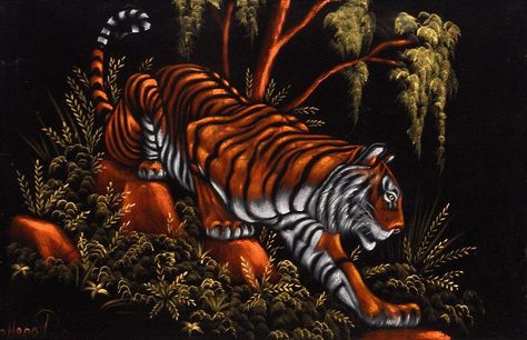 A tiger burns bright in a 1970s velvet by Pogetto. (From the Velveteria collection in “Black Velvet Masterpieces”) Black Velvet Painting Vintage, Gemini Artwork, Tiger Paintings, Black Velvet Painting, Pageant Mom, Velvet Art, Paper Paintings, Lilly Pad, Velvet Painting