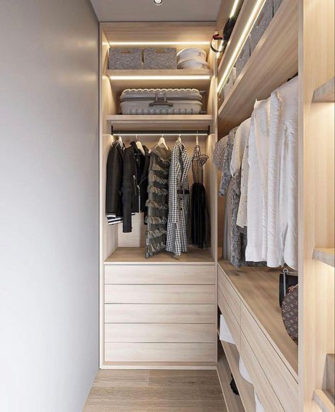 Small Walk In Wardrobe, Narrow Closet Design, A Walk In Closet, Narrow Closet, Small Dressing Rooms, Bed In Closet Aesthetic, Dream Closet Design, Bed In Closet Ideas, Closet Bed