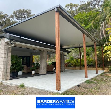 Bardera Patios with another 10/10 install in Logan, QLD ✔️ Our Outback® Cooldek Flyover Patios have been stealing the show, and it's no surprise why! The insulated Cooldek roofing works wonders on hot summer days. The flyover design increases airflow and height, creating a comfortable and spacious outdoor area. Explore 👉 bit.ly/obcooldek #Stratco #HowTo #StratcoOutback #OutbackPatio #Patio #Pergola #Verandah #Awning #LoganReserve #Queensland Stratco Outback Patio, Outdoor Covered Pergola, Flyover Design, Patio Ideas Australia, Pergola Extension, Patio Roof Extension Ideas, Deck Pergola, Carport Ideas, Covered Patio Design