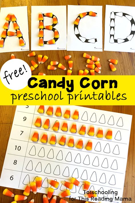 Candy Corn Preschool Activities and Printables {FREE} | Totschooling for This Reading Mama Corn Preschool Activities, Corn Preschool, October Activities, Fall Preschool Activities, Halloween Preschool, Printables For Kids, Fall Preschool, Free Candy, E Mc2