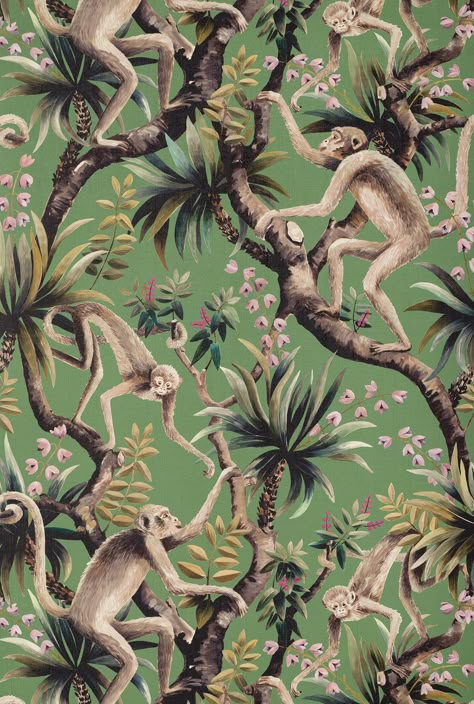 Mischievous monkeys climb to and fro on tropical foliage in this playful and practical wallcovering. Hand painted in gouache and digitally printed, this textile captures the brushstrokes and painterly nature of the original artwork. The motifs take reference from the ceramic monkey statues found in Elvis’s ‘Jungle Room,’ a tropical-inspired kitsch retreat within his Memphis home. The design’s name references the Chuck Berry song ‘Too Much Monkey Business’ covered by Elvis on his ‘Elvis Sings Fla Vintage Tropical Art, Tropical Graphic Design Poster, Cool Monkey Wallpaper, Vintage Jungle Illustration, Monkey Artwork, Monkey Illustration Design, Monkey Mural, Business Wallpaper, Monkeys Wallpaper