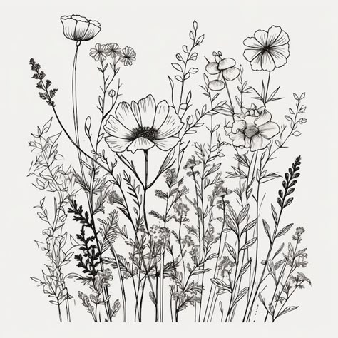 Wildflower Tattoo Stencil, Wildflower Leg Tattoo, Summer Stencils, Meadow Tattoo, Wild Flowers Drawing, Flower Sketch Pencil, Sketchbook Flowers, Wildflower Drawing, Botanical Line Drawing