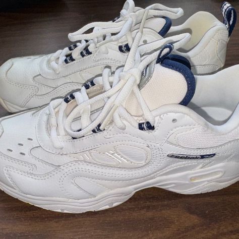 White Chunky Reebok Sneaker With Navy Blue Accents - Size: Us W7 - Condition: Never Worn But Has Slight Yellowing From Age (2000-2005) Will Negotiate Price!! Cute Shoes For School, Reebok Classic Shoes, Reebok Classic Leather Sneakers, Reebok Kamikaze, Reebok Club C Revenge, Pink Tennis Shoes, Reebok Sneaker, Skater Shoes, Black Reebok