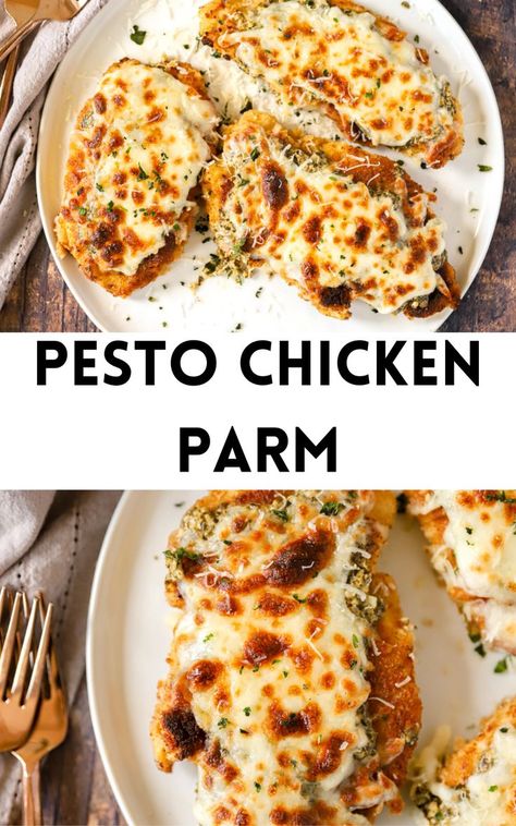 two photos of chicken pesto parm Chicken Parm Recipes, Chicken Marinara, Baked Pesto Chicken, Creamy Pesto Sauce, Chicken Pesto Recipes, Marinara Recipe, Chicken Pesto, Creamy Pesto, Chicken Parm