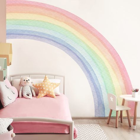 Fabric Peel and Stick Large Rainbow Wall Mural Stickers for Girls, Precut Pastel Half Watercolor Rainbow Wall Sticker Decals for Kids Bedroom Living Room Playroom, 78.74" x 70.87" Pastel Rainbow Wall Mural, Playroom Rainbow Wall, Rainbow Inspired Bedroom, Girls Room Wall Ideas, Rainbow Bedroom Girl, Rainbow Mural Kids Room, Girls Rainbow Bedroom Ideas, Pastel Rainbow Playroom, Rainbow Room Kids Girl Bedrooms