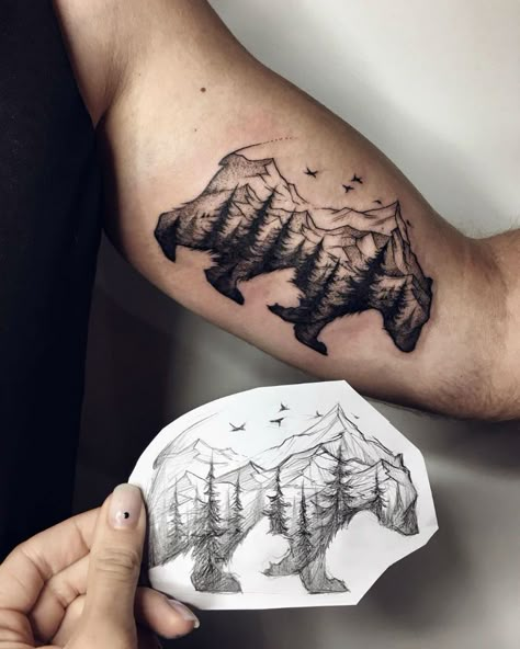 16 Stunning Tattoos by Sasha Kiseleva Tatuagem Masculina Pequena, Cool Arm Tattoos, Bear Tattoos, Forest Tattoos, Bicep Tattoo, Hawaiian Tattoo, Bear Tattoo, Tiny Tattoo, Mountain Tattoo