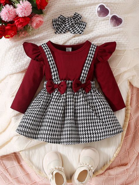 Burgundy  Collar Long Sleeve  Colorblock,Houndstooth A Line Embellished Non-Stretch  Baby Girls Clothing Couture, 2 In 1 Dress, Baby Girls Dresses, Kids Dress Patterns, Baby Clothes Patterns, Kids Fashion Dress, 21st Dresses, Baby Frocks Designs, Allah Islam